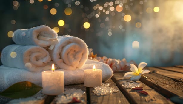 A table with three white towels and two candles. The scene has a calming and relaxing mood