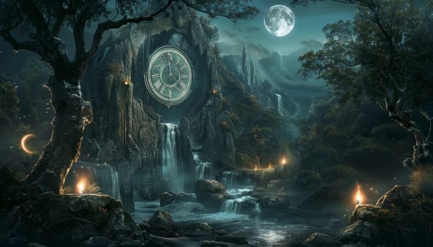 A fantasy scene with a castle and a clock tower by AI generated image.