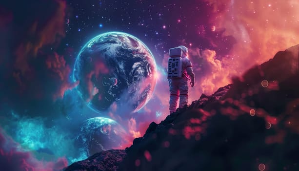 A man in a spacesuit stands on a rocky hill in front of a planet by AI generated image.