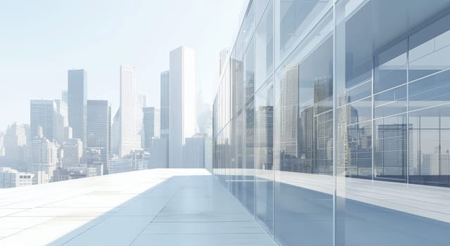 A glass-walled building with a city view in the background by AI generated image.