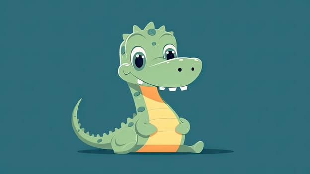 A friendly cartoon crocodile with a wide smile, sitting on its hind legs against a solid color background - Generative AI