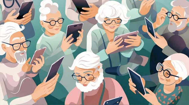 A group of elderly individuals is engaged with various digital devices, smiling and interacting with one another in a relaxed setting - Generative AI