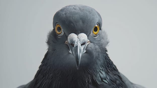 A detailed close-up showcases a pigeons head, with a focus on its striking yellow eyes and gray feathers - Generative AI