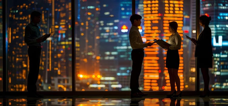 Two men in suits are standing in a window looking out at the city by AI generated image.