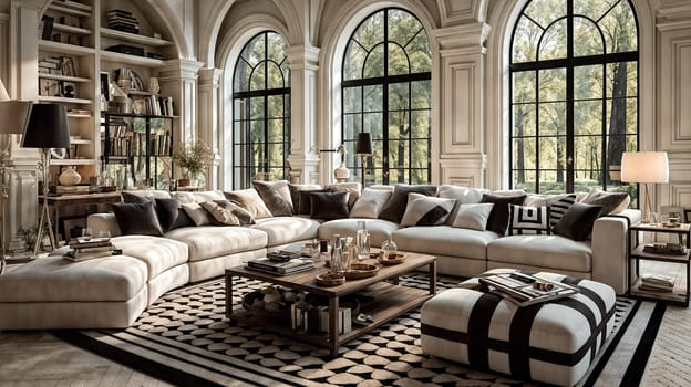 A spacious living room boasts a classic design with large arched windows, a luxurious sectional sofa, a patterned area rug, and a neatly arranged bookshelf - Generative AI