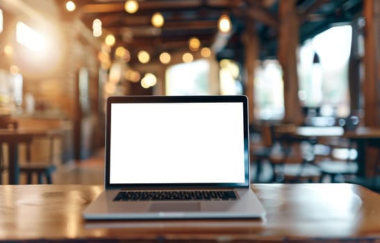 A laptop is open on a wooden table in a cafe by AI generated image.