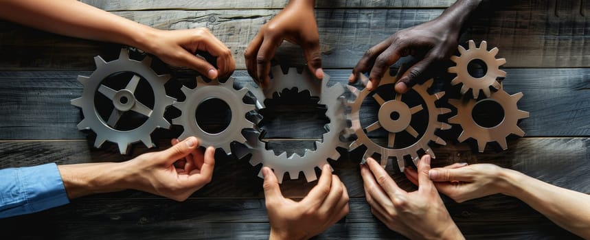 A group of people are holding gears together, symbolizing teamwork by AI generated image.