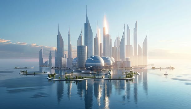 A futuristic city with a large building in the middle. The sky is blue and the water is calm