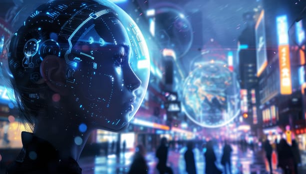 A woman in a futuristic suit stands in front of a cityscape with a glowing orb in the background. Concept of wonder and curiosity about the future and the possibilities of technology