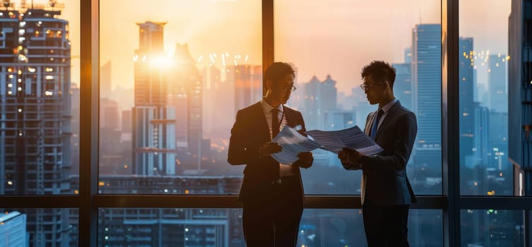 Two men in suits are standing in a window looking out at the city by AI generated image.