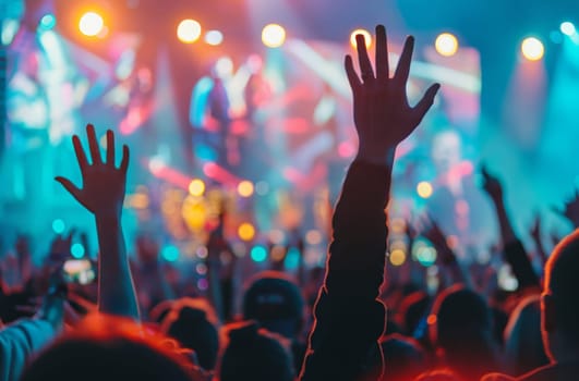 A crowd of people are at a concert, with their hands raised in the air by AI generated image.