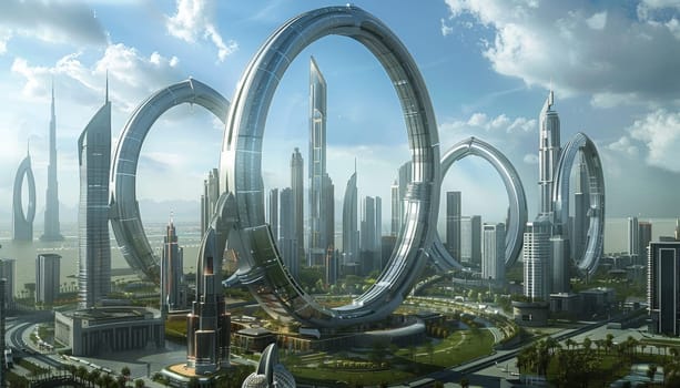 A futuristic city with many buildings and a large circular structure in the middle. The city is surrounded by a green park and a large body of water. The sky is clear and blue