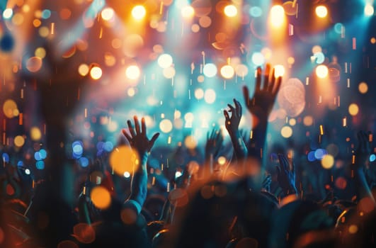 A crowd of people are at a concert, with their hands raised in the air by AI generated image.