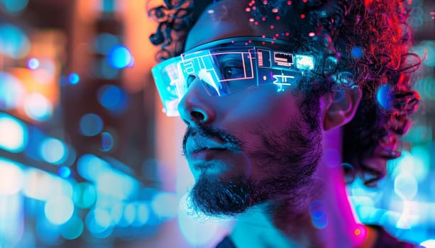 A man wearing glasses and a beard stands in front of a neon sign. The image has a futuristic and vibrant feel to it, with the neon sign adding to the overall atmosphere. The man's facial expression