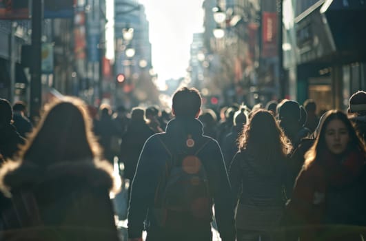 A busy city street with a man wearing a backpack walking down the sidewalk by AI generated image.