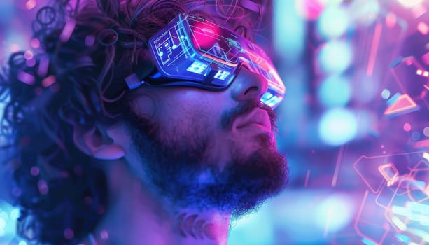 A man wearing glasses and a beard stands in front of a neon sign. The image has a futuristic and vibrant feel to it, with the neon sign adding to the overall atmosphere. The man's facial expression