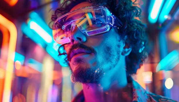 A man wearing glasses and a beard stands in front of a neon sign. The image has a futuristic and vibrant feel to it, with the neon sign adding to the overall atmosphere. The man's facial expression