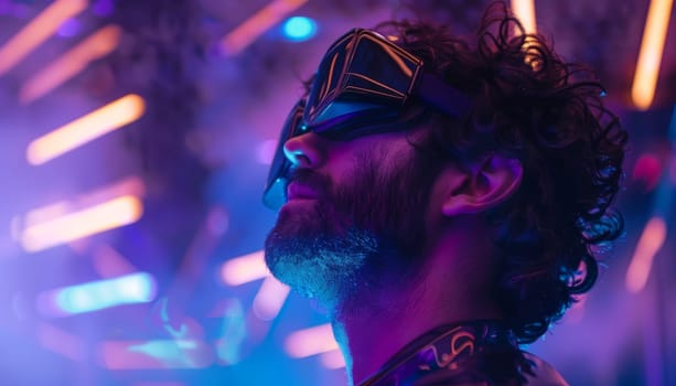 A man wearing glasses and a beard stands in front of a neon sign. The image has a futuristic and vibrant feel to it, with the neon sign adding to the overall atmosphere. The man's facial expression