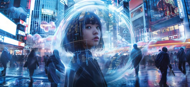 A woman in a bubble is surrounded by people in a city. The image has a futuristic and sci-fi vibe