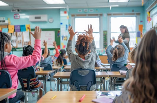 A group of children are in a classroom, raising their hands in unison by AI generated image.