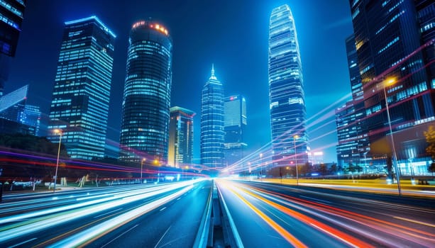 A cityscape with a bright blue sky and a city street with a lot of traffic. The city is lit up with neon lights, giving it a futuristic and energetic vibe