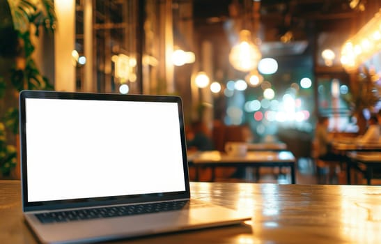 A laptop is open on a table in a restaurant by AI generated image.