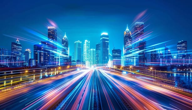 A cityscape with a bright blue sky and a city street with a lot of traffic. The city is lit up with neon lights, giving it a futuristic and energetic vibe