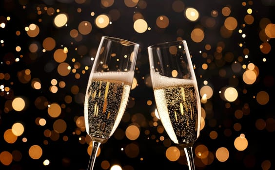 Two champagne glasses are raised in a toast, with bubbles by AI generated image.