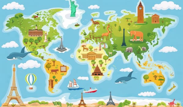 A colorful map of the world with various landmarks and animals by AI generated image.