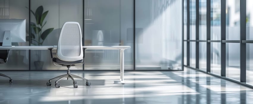 A white office chair sits in front of a desk with a computer monitor by AI generated image.