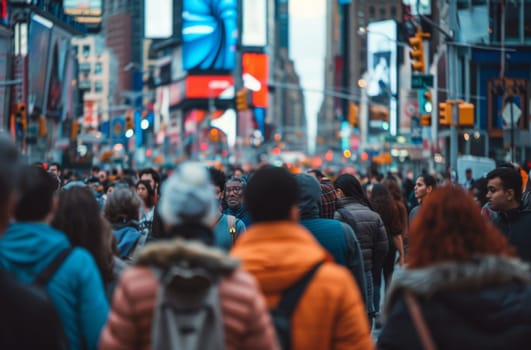 A busy city street with a large crowd of people walking down it by AI generated image.