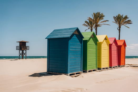 A row of brightly colored beach huts facing the sea, with palm trees and a lifeguard tower in the background. Sant Antoni beach, Cullera, Spain