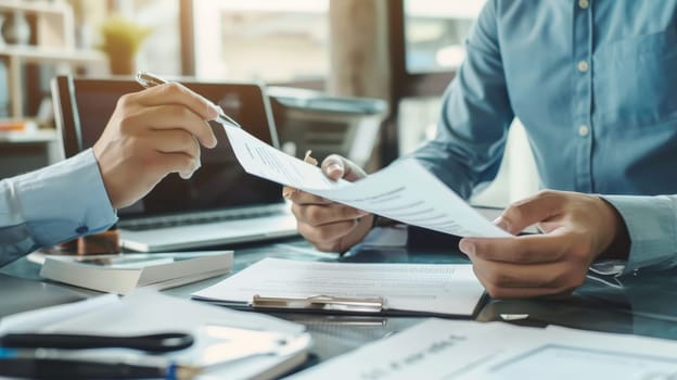 Two people are sitting at a desk with papers and a pen by AI generated image.