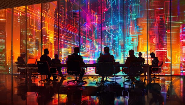 A group of people are sitting at a table in a room with a neon sign in the background. Scene is futuristic and high-tech