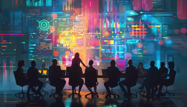 A group of people are sitting at a table in a room with a neon sign in the background. Scene is futuristic and high-tech