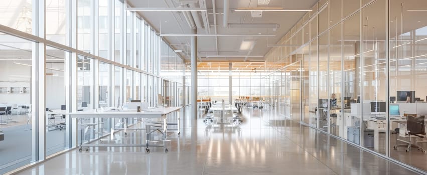 A large open office space with many desks and chairs by AI generated image.