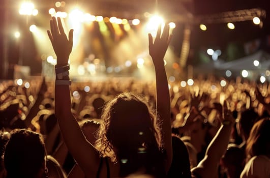 A woman is holding her hand up in the air at a concert by AI generated image.