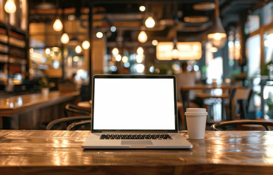 A laptop is open on a wooden table in a restaurant by AI generated image.