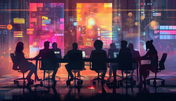 A group of people are sitting at a table in a room with a neon sign in the background. Scene is futuristic and high-tech