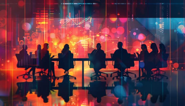 A group of people are sitting at a table in a room with a neon sign in the background. Scene is futuristic and high-tech