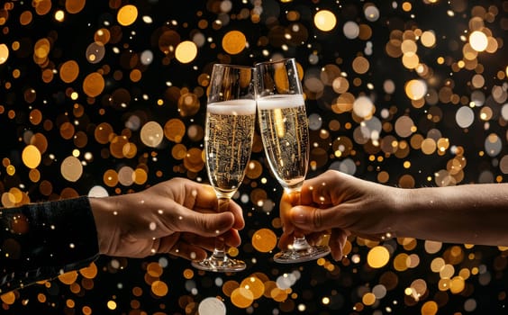 Two people are holding up champagne glasses to celebrate a special occasion by AI generated image.