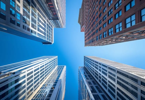 A city skyline with four tall buildings and a clear blue sky by AI generated image.