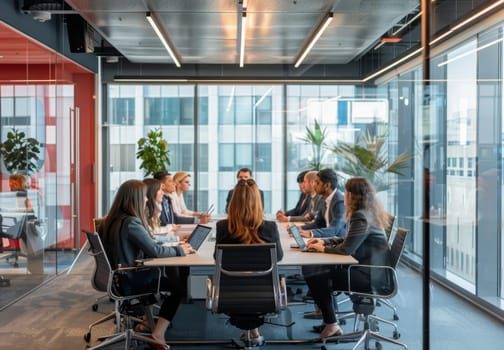 A group of people are sitting around a table in a conference room by AI generated image.