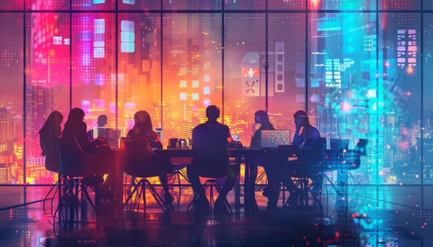 A group of people are sitting at a table in a room with a city view. Scene is professional and focused, as the people are gathered for a meeting or discussion