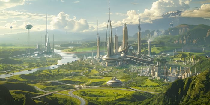 A futuristic city with a river running through it. The city is full of tall buildings and has a lot of green space