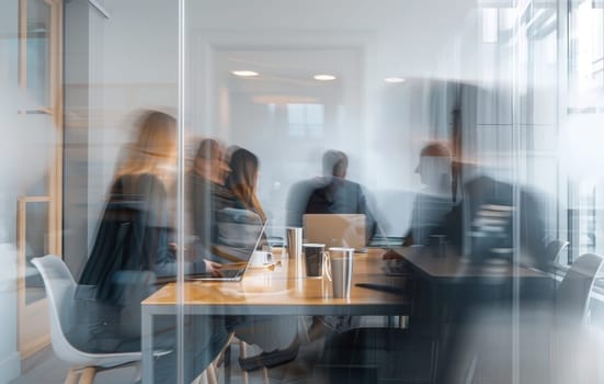 A group of people are sitting around a table in a conference room by AI generated image.