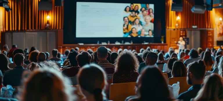 A large group of people are sitting in a theater watching a presentation by AI generated image.