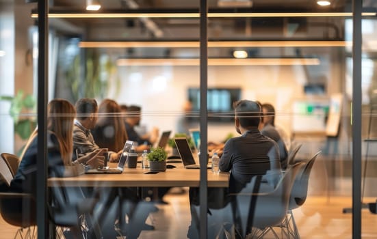 A group of people are sitting around a table in a conference room by AI generated image.