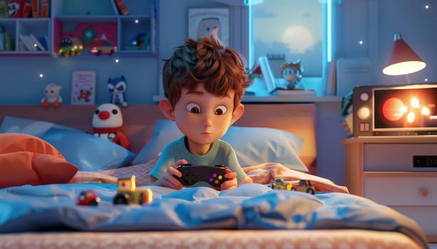 A boy is playing a video game in his bedroom. The room is decorated with various toys and books, including a large collection of cars. The boy is holding a remote control