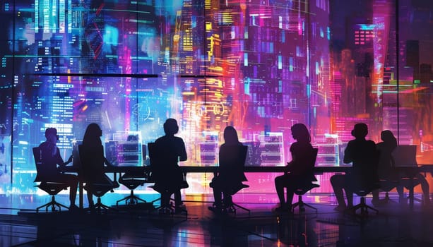 A group of people are sitting at a table in a room with a neon sign in the background. Scene is futuristic and high-tech